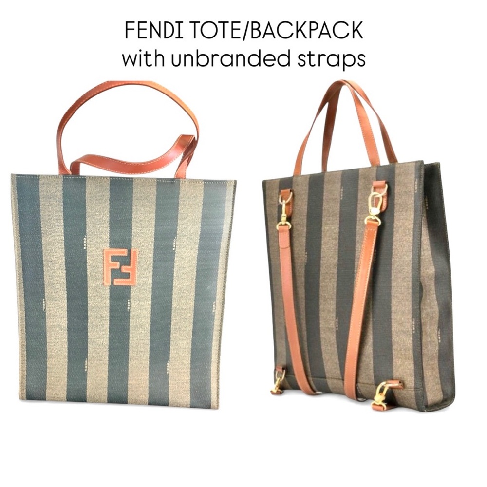 Fendi Striped Canvas Tote/Backpack in Blue and Beige with Tan Leather